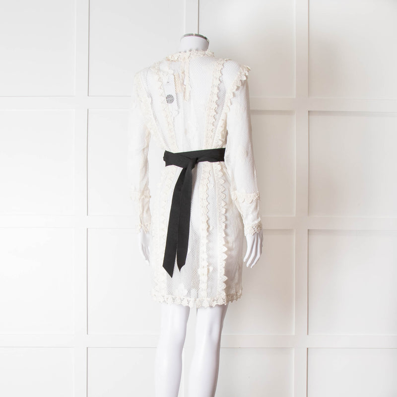 Maje Cream Lace Black Belt Sheer Mini Dress