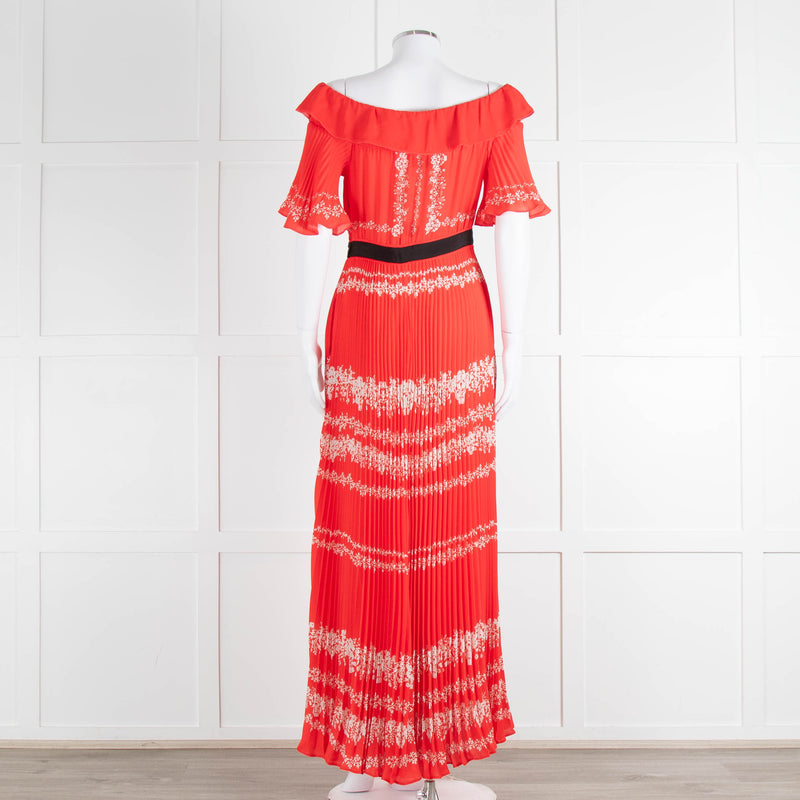 Self-Portrait Red White Floral Plisse Short Sleeve Maxi Dress