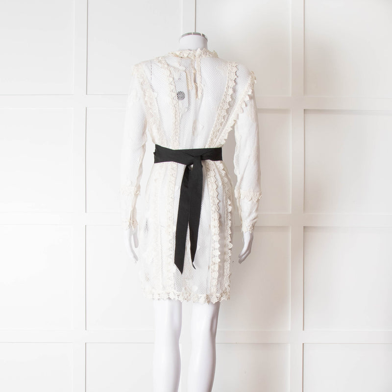 Maje Cream Lace Black Belt Sheer Mini Dress