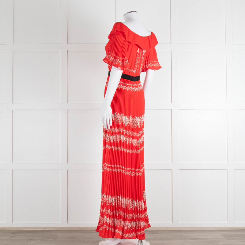 Self-Portrait Red White Floral Plisse Short Sleeve Maxi Dress