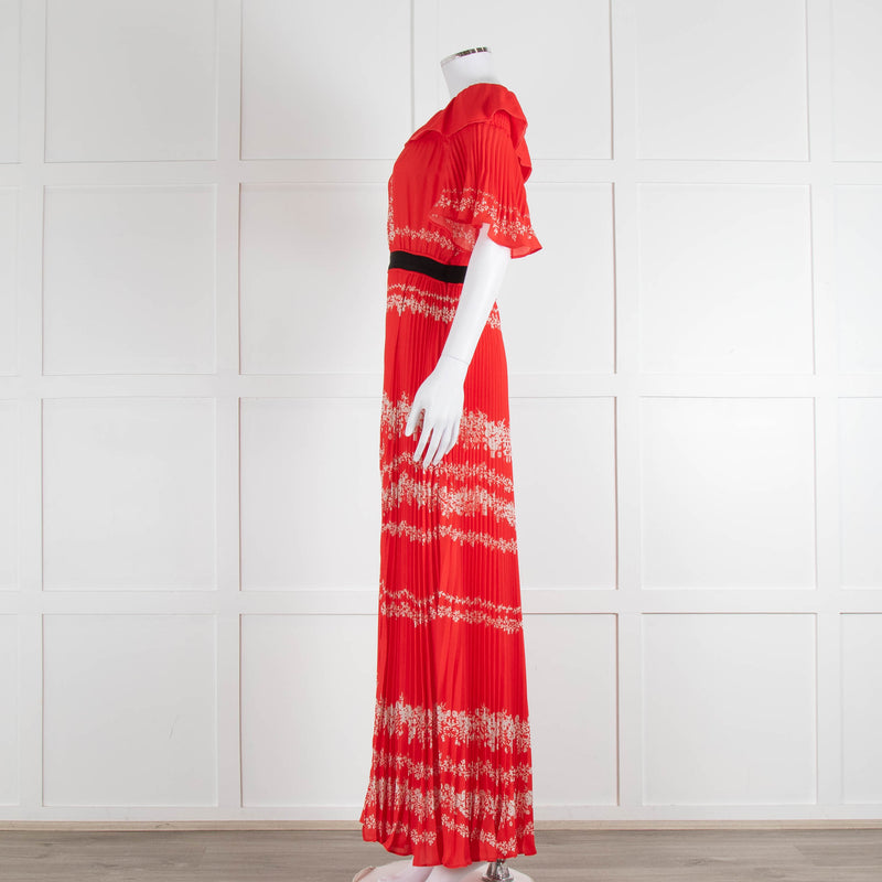 Self-Portrait Red White Floral Plisse Short Sleeve Maxi Dress