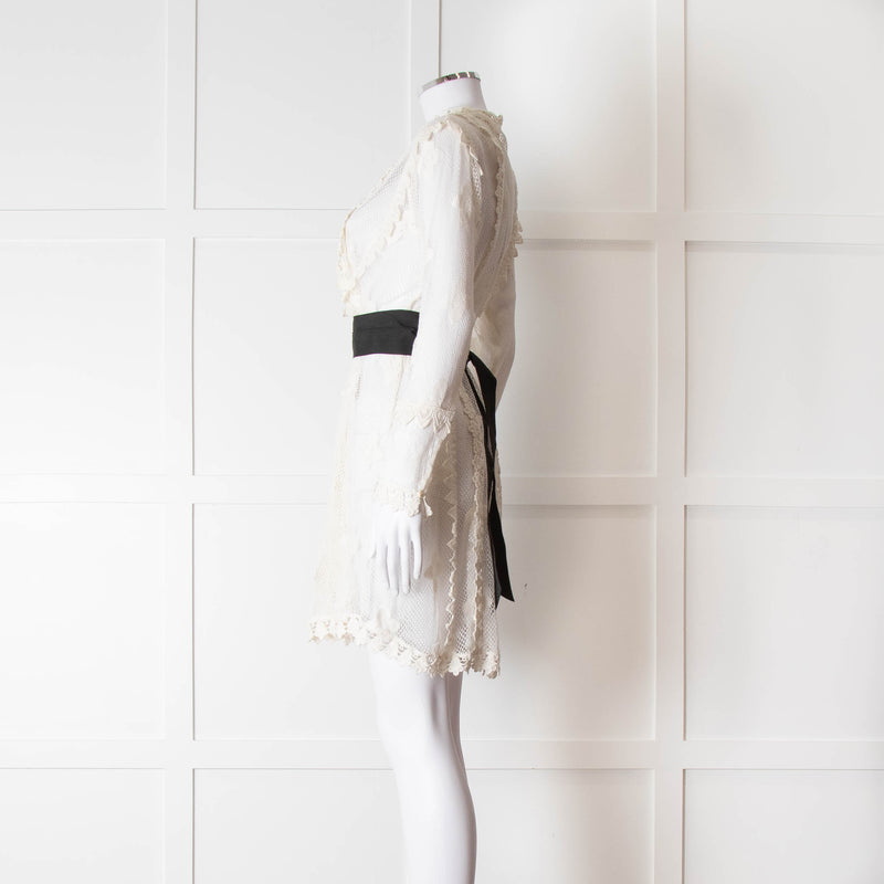Maje Cream Lace Black Belt Sheer Mini Dress
