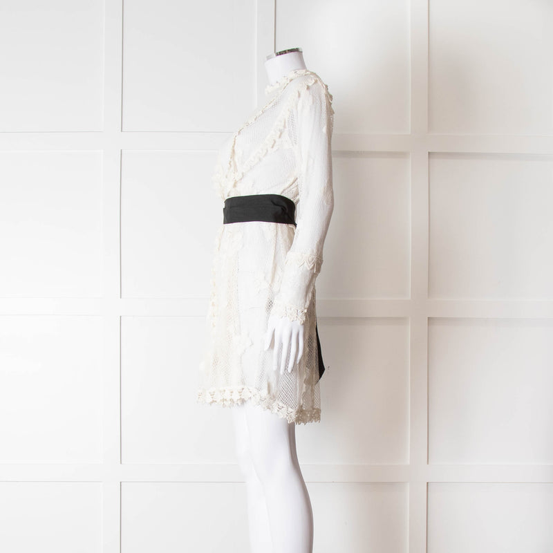 Maje Cream Lace Black Belt Sheer Mini Dress