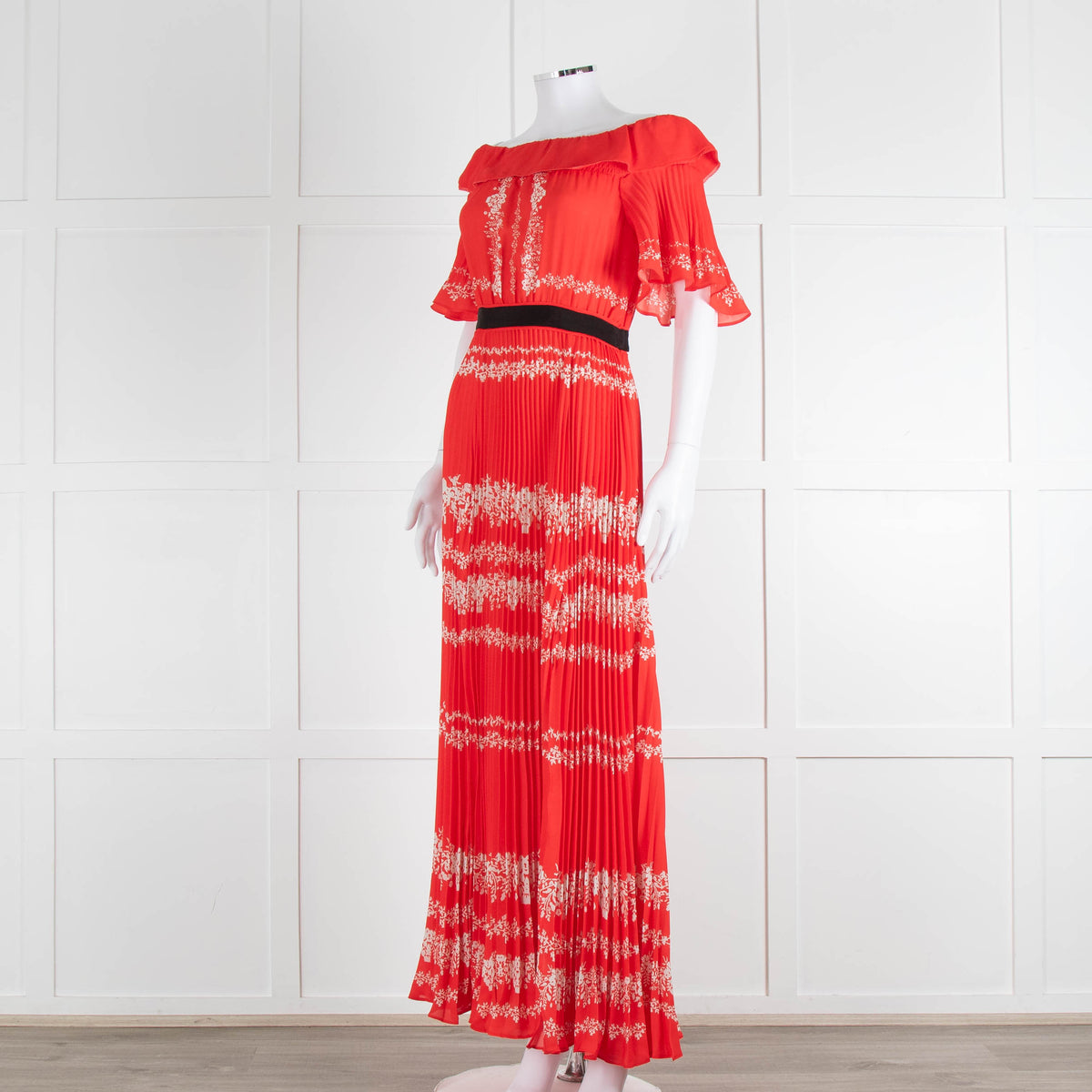 Self-Portrait Red White Floral Plisse Short Sleeve Maxi Dress