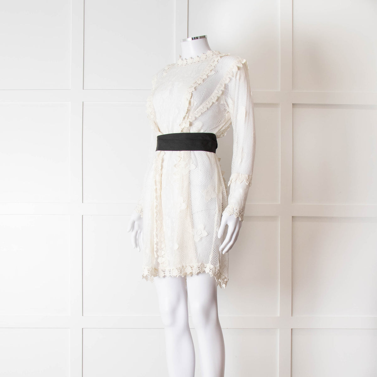 Maje Cream Lace Black Belt Sheer Mini Dress