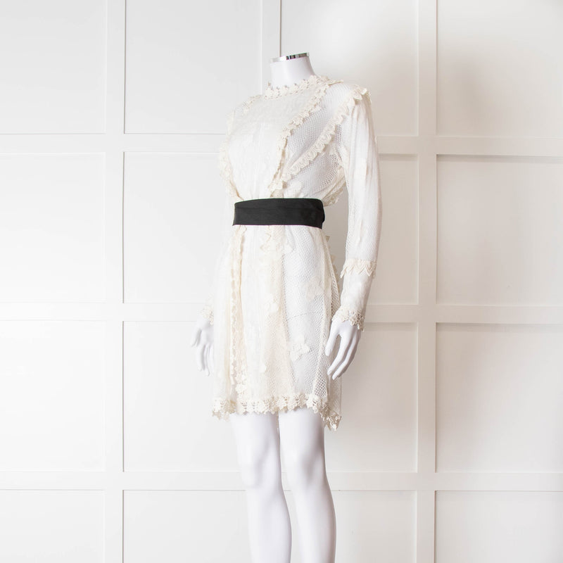 Maje Cream Lace Black Belt Sheer Mini Dress