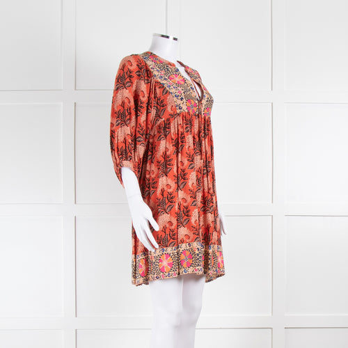 BA&SH Orange Black Floral Smock Short Dress