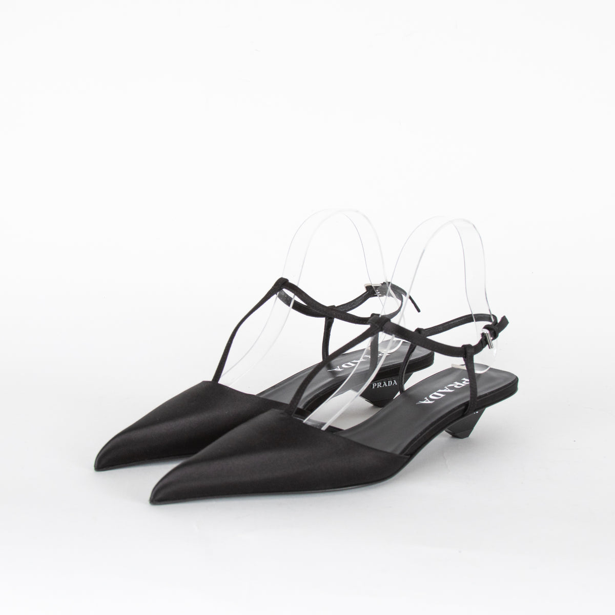 Prada Black Satin Logo Pointed-Toe Court Shoes