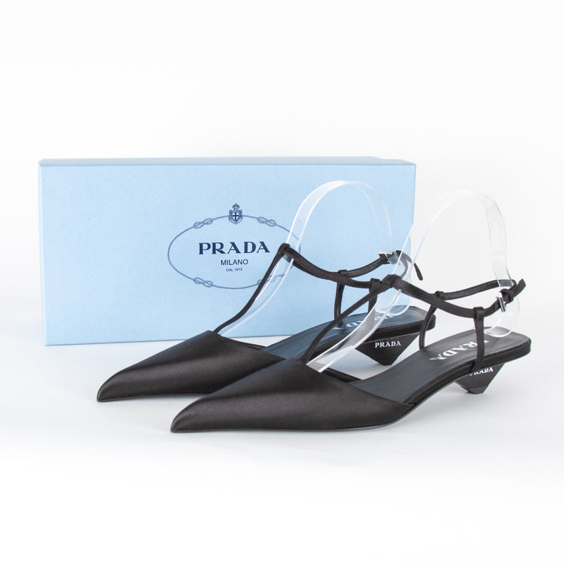 Prada Black Satin Logo Pointed-Toe Court Shoes