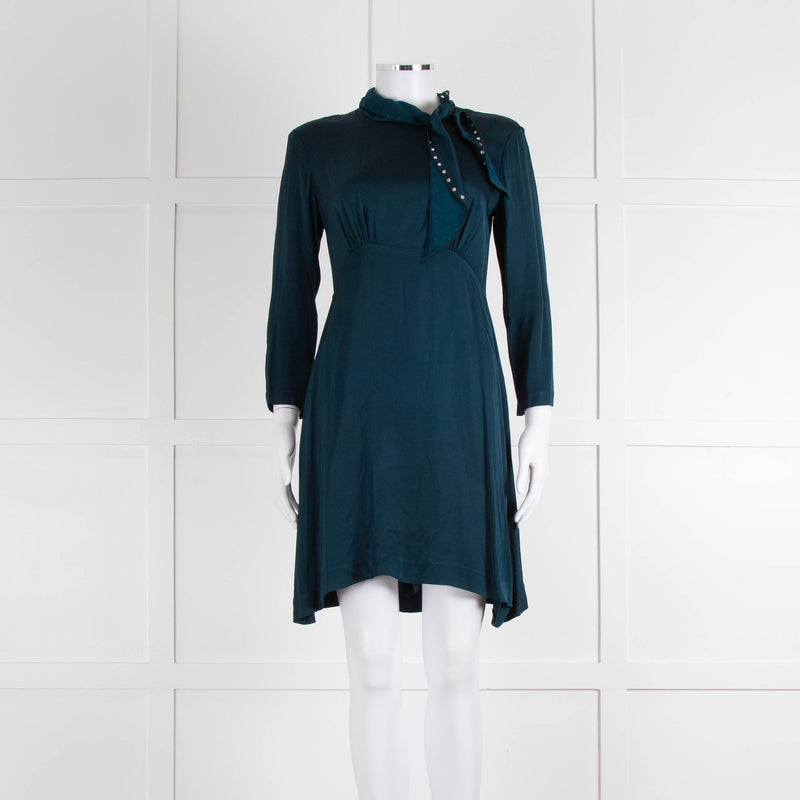 Sandro Teal Green Crystal Neck Detail Sleeved Dress