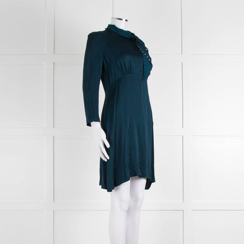 Sandro Teal Green Crystal Neck Detail Sleeved Dress