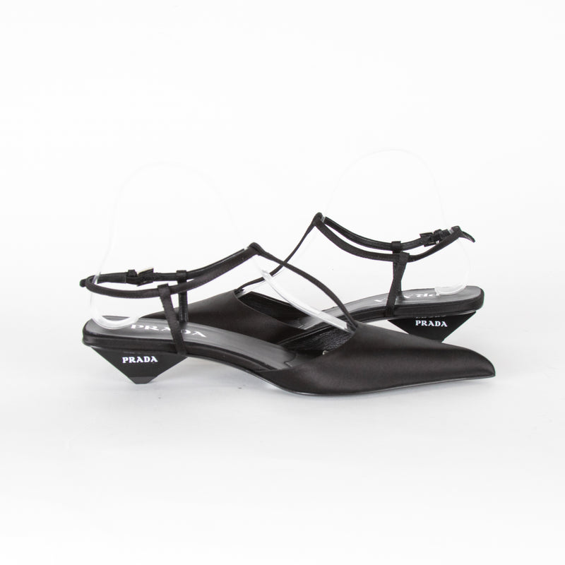 Prada Black Satin Logo Pointed-Toe Court Shoes