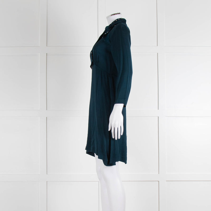 Sandro Teal Green Crystal Neck Detail Sleeved Dress