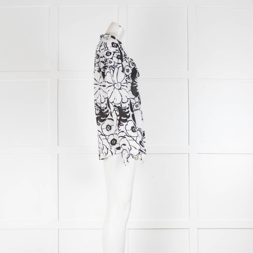 Tory Burch White/Black Floral/Silver Sequins Cotton Long Sleeve Top