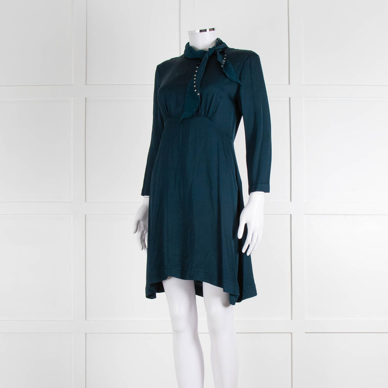 Sandro Teal Green Crystal Neck Detail Sleeved Dress