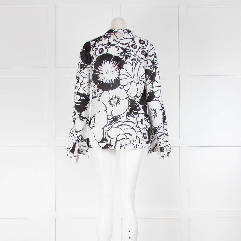 Tory Burch White/Black Floral/Silver Sequins Cotton Long Sleeve Top
