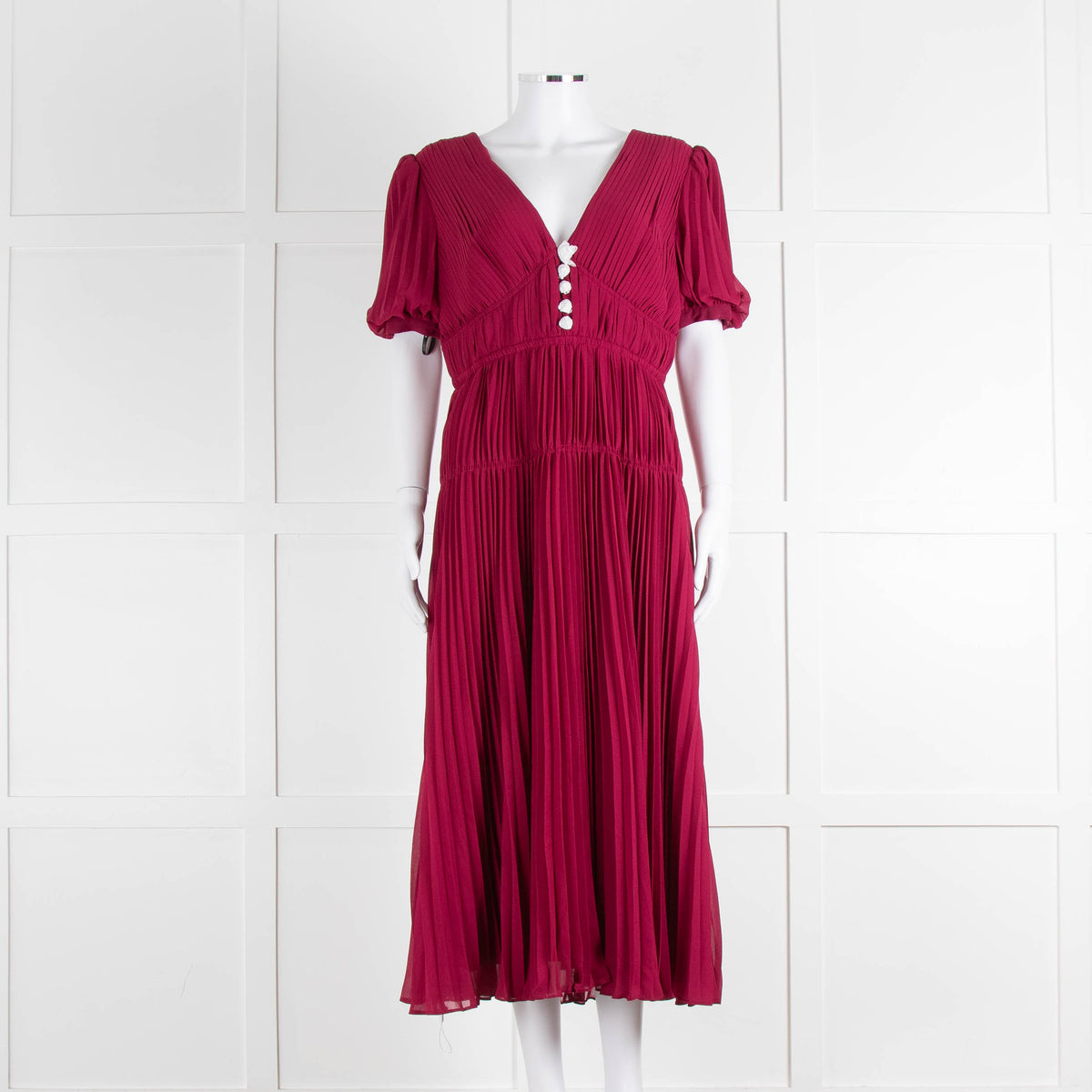Self Portrait Burgundy Pleated Diamante Button Short Sleeve Dress
