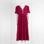 Self Portrait Burgundy Pleated Diamante Button Short Sleeve Dress