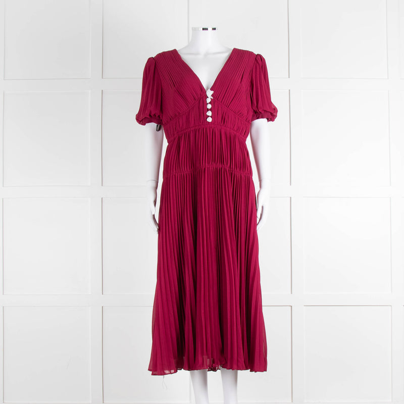 Self Portrait Burgundy Pleated Diamante Button Short Sleeve Dress