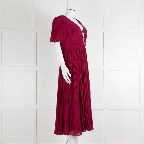 Self Portrait Burgundy Pleated Diamante Button Short Sleeve Dress