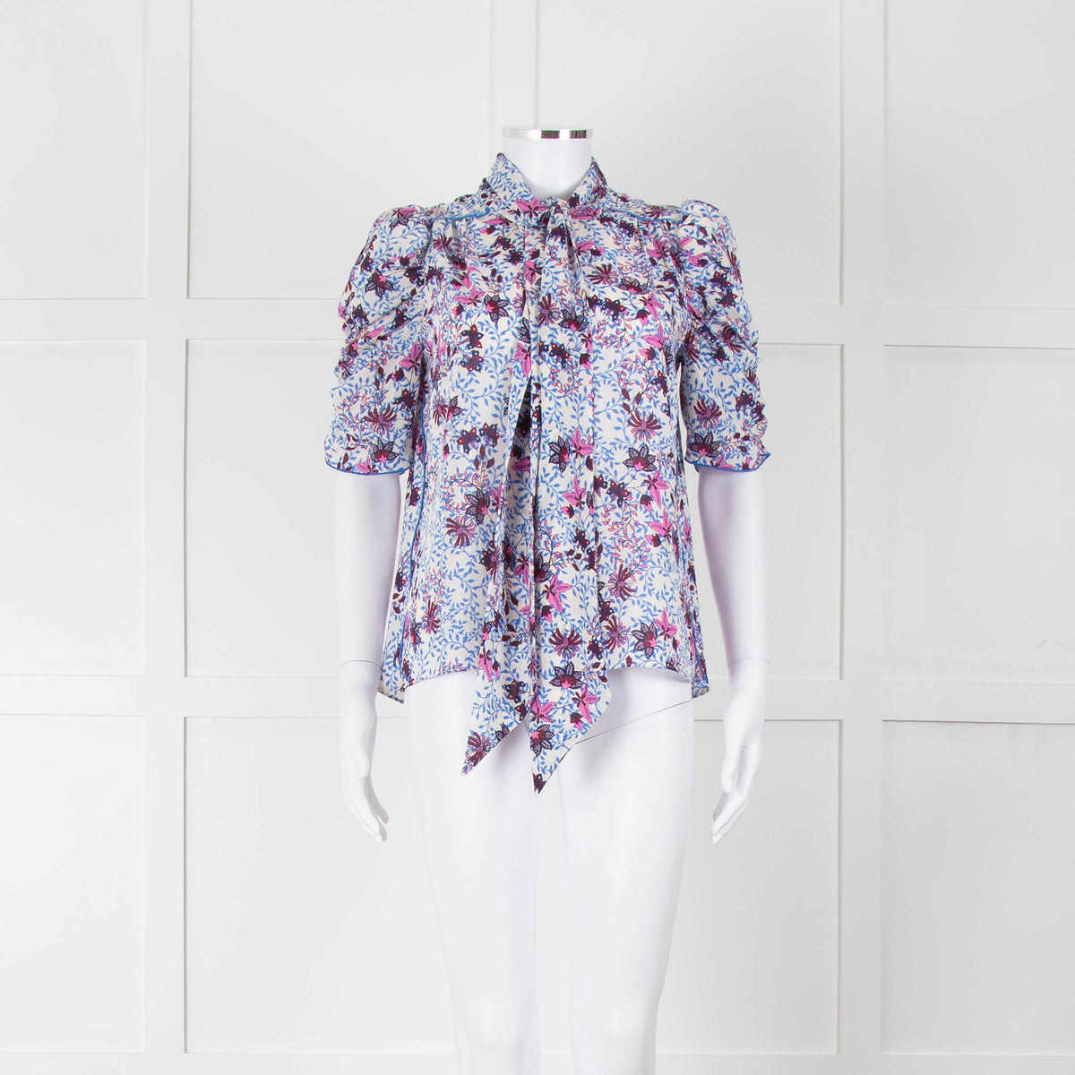 Me+Em White Blue Pink Floral Print Puffed Sleeve Tie Knot Top