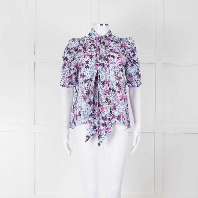 Me+Em White Blue Pink Floral Print Puffed Sleeve Tie Knot Top