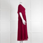 Self Portrait Burgundy Pleated Diamante Button Short Sleeve Dress