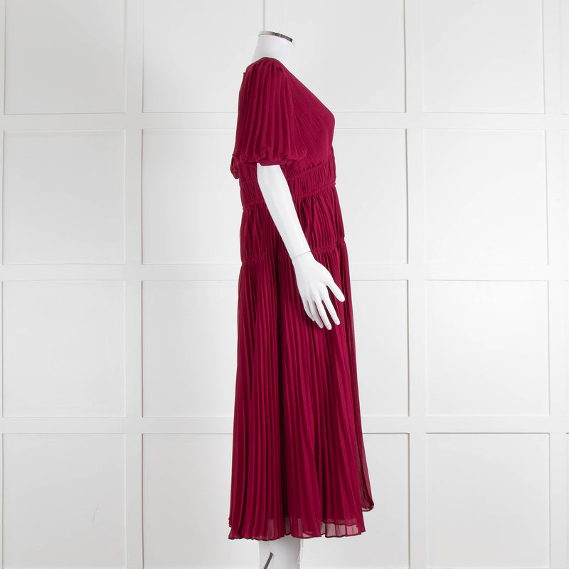 Self Portrait Burgundy Pleated Diamante Button Short Sleeve Dress