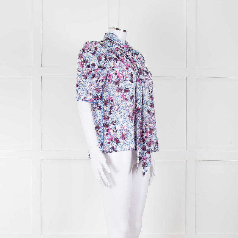 Me+Em White Blue Pink Floral Print Puffed Sleeve Tie Knot Top