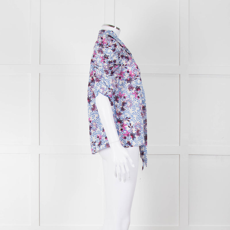 Me+Em White Blue Pink Floral Print Puffed Sleeve Tie Knot Top