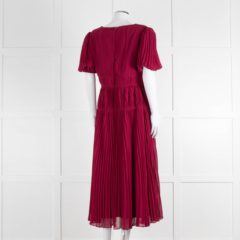 Self Portrait Burgundy Pleated Diamante Button Short Sleeve Dress