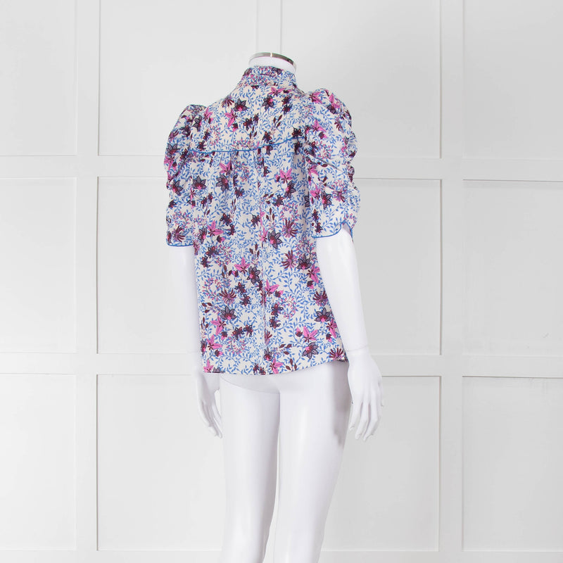 Me+Em White Blue Pink Floral Print Puffed Sleeve Tie Knot Top