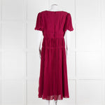 Self Portrait Burgundy Pleated Diamante Button Short Sleeve Dress