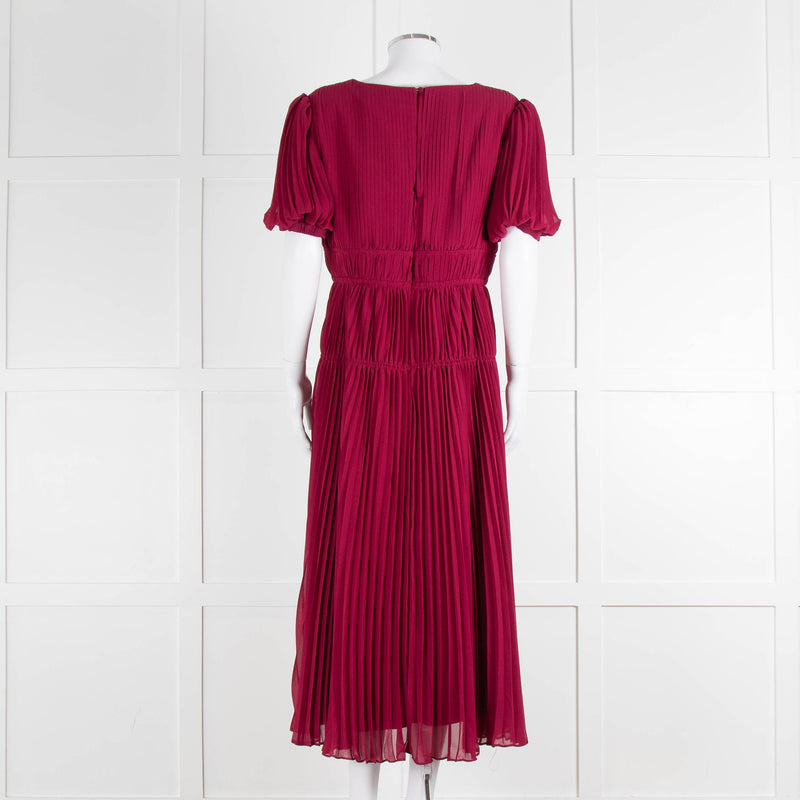 Self Portrait Burgundy Pleated Diamante Button Short Sleeve Dress