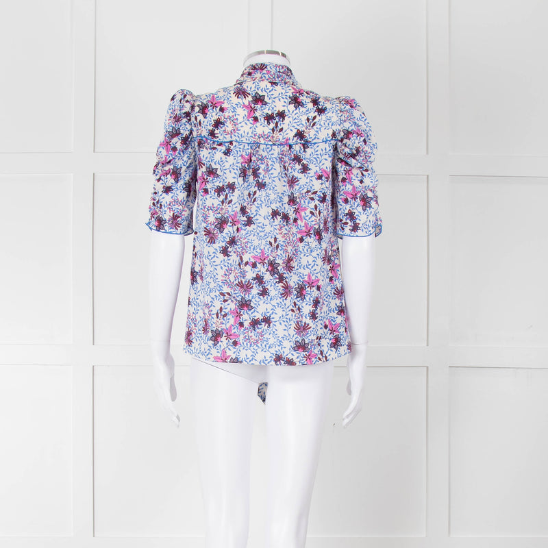 Me+Em White Blue Pink Floral Print Puffed Sleeve Tie Knot Top