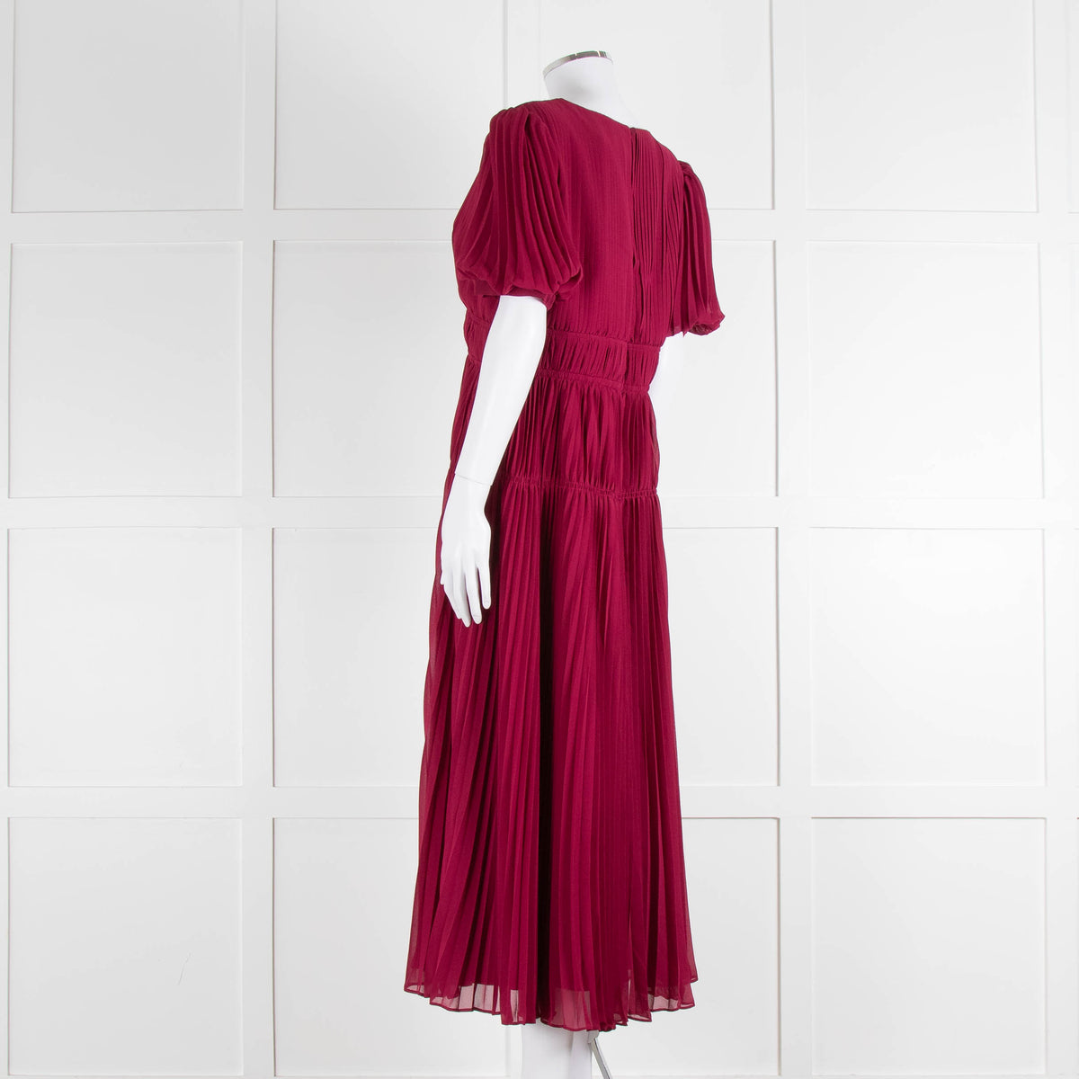 Self Portrait Burgundy Pleated Diamante Button Short Sleeve Dress