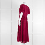 Self Portrait Burgundy Pleated Diamante Button Short Sleeve Dress