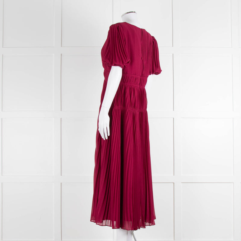Self Portrait Burgundy Pleated Diamante Button Short Sleeve Dress