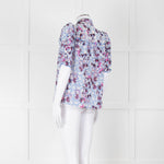 Me+Em White Blue Pink Floral Print Puffed Sleeve Tie Knot Top