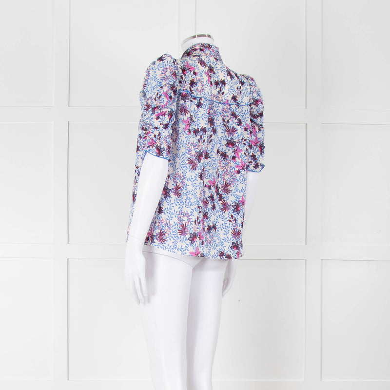 Me+Em White Blue Pink Floral Print Puffed Sleeve Tie Knot Top