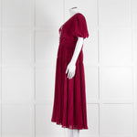 Self Portrait Burgundy Pleated Diamante Button Short Sleeve Dress