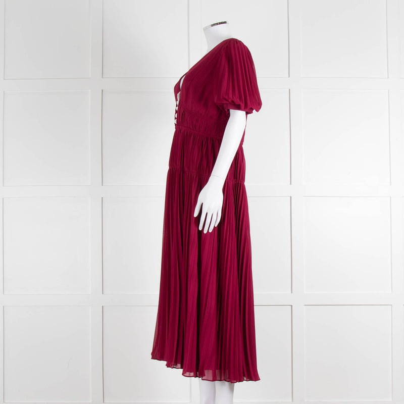 Self Portrait Burgundy Pleated Diamante Button Short Sleeve Dress