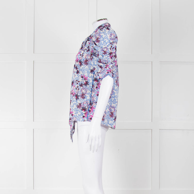 Me+Em White Blue Pink Floral Print Puffed Sleeve Tie Knot Top