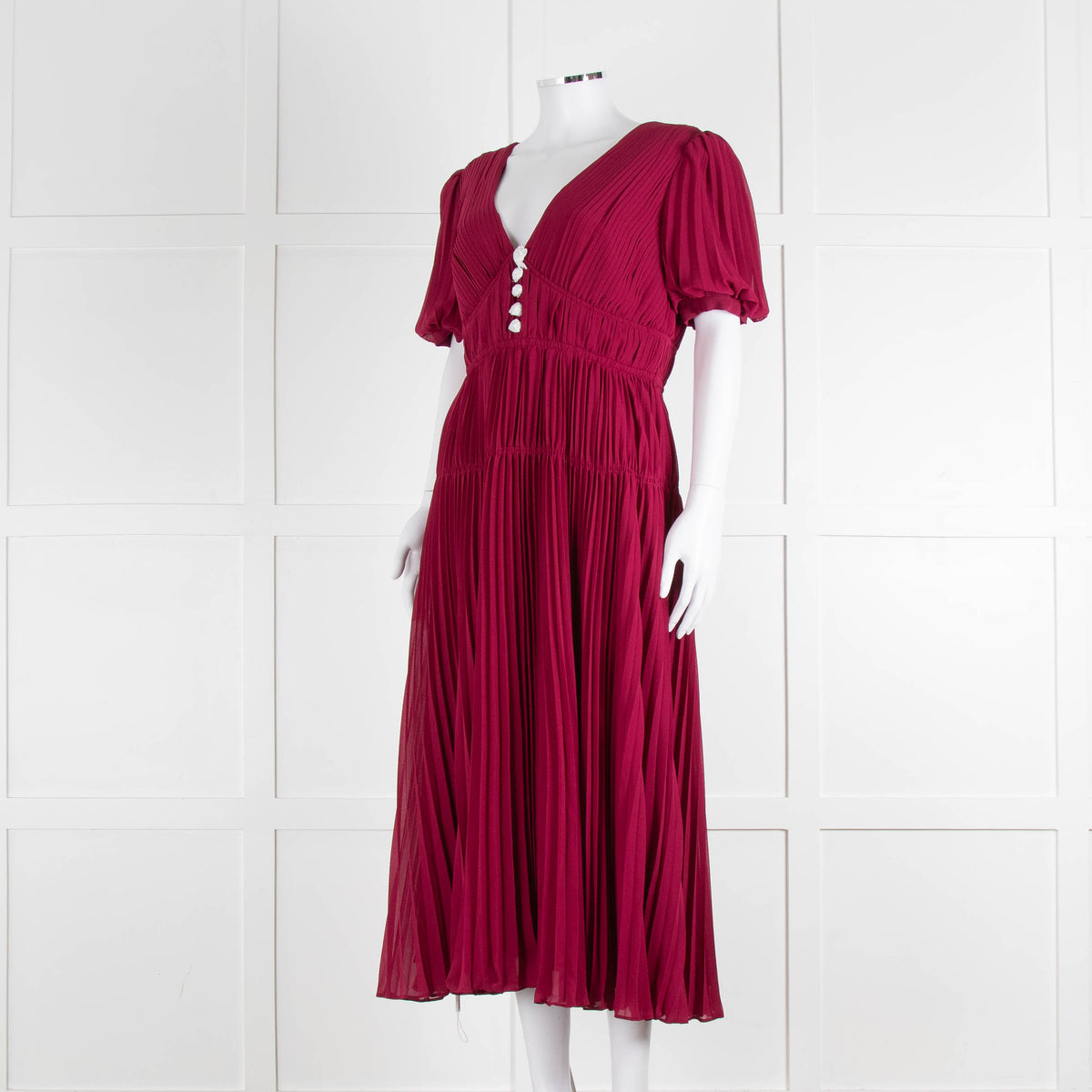 Self Portrait Burgundy Pleated Diamante Button Short Sleeve Dress