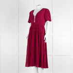 Self Portrait Burgundy Pleated Diamante Button Short Sleeve Dress