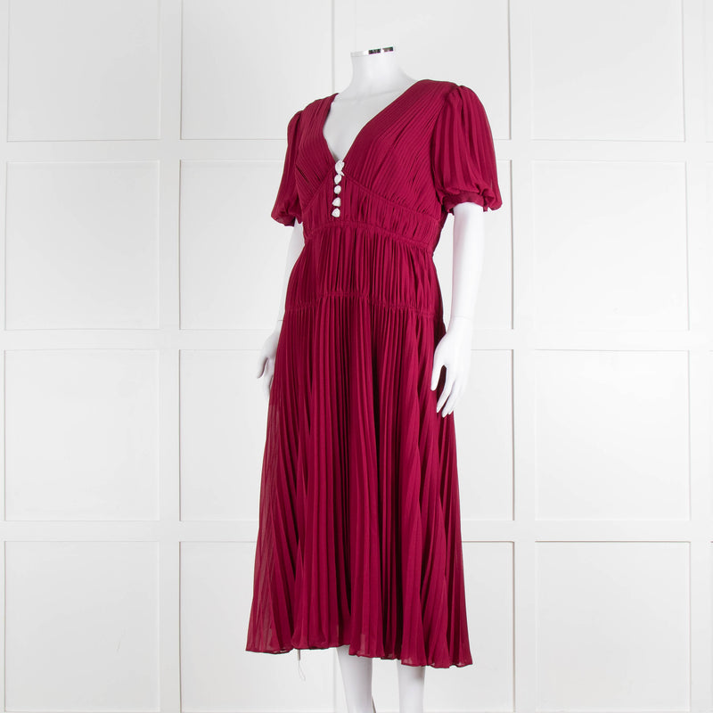 Self Portrait Burgundy Pleated Diamante Button Short Sleeve Dress
