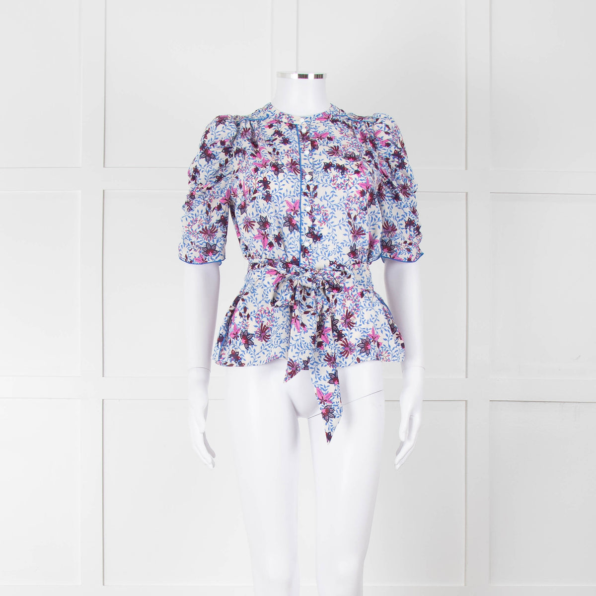 Me+Em White Blue Pink Floral Print Puffed Sleeve Tie Knot Top