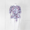 Me+Em White Blue Pink Floral Print Puffed Sleeve Tie Knot Top
