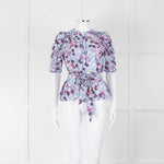 Me+Em White Blue Pink Floral Print Puffed Sleeve Tie Knot Top