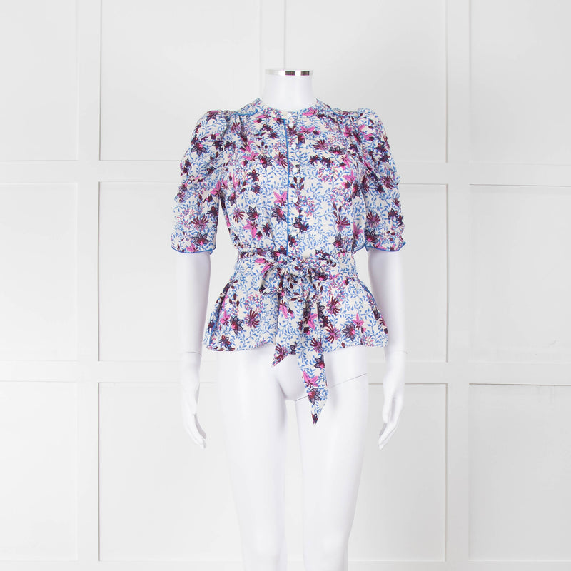 Me+Em White Blue Pink Floral Print Puffed Sleeve Tie Knot Top